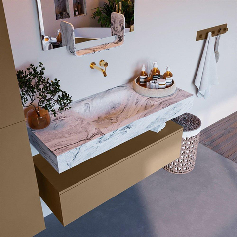 Mondiaz ALAN-DLUX Ensemble de meuble - 110cm - meuble Oro mat - 1 tiroir - Lavabo Cloud Glace suspendu - vasque Centre - 0 trous de robinet SW806297