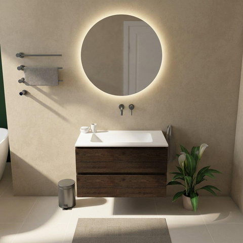 Saniclass Holz Pure Ensemble de meubles de salle de bains - 100x45x77.5cm - lavabo Torino en solid surface blanc - sans trou de robinetterie - 2 tiroirs - chêne charcoal mat (bois) SW1478665