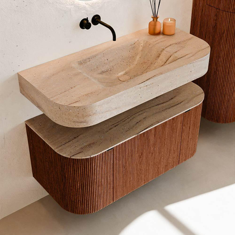 MONDIAZ THOR-DLUX Meuble de salle de bains - 100cm - arrondi gauche + droite - couleur Ruby - 1 tiroir - 2 portes - Vasque suspendue CLOUD Milieu sans trou de robinet couleur Saba SW1467567