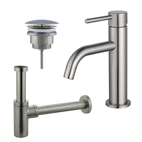 Fortifura Calvi Slim Wastafelkraanset - lage wastafelkraan - always open plug - design - sifon - PVD - geborsteld RVS SW911749