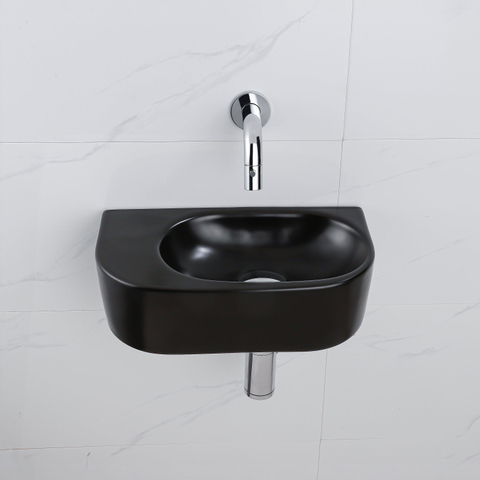 QeramiQ Fuente pack lave-mains – demi-rond – 40 x 21,5 x 12 cm – céramique noir mat – sans perçage – robinet chromé SW1233076