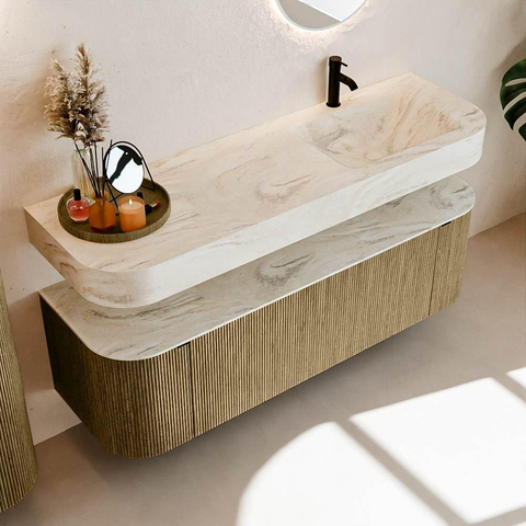 MONDIAZ THOR-DLUX 150cm meuble de salle de bains arrondi gauche + droite couleur Dusk avec 1 tiroir et 2 portes. Vasque suspendue CLOUD Droite 1 trou de robinet couleur Ostra. SW1464547