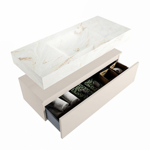 Mondiaz ALAN-DLUX Ensemble de meuble - 110cm - meuble Linen mat - 1 tiroir - Lavabo Cloud Frappe suspendu - vasque Centre - 0 trous de robinet SW805468