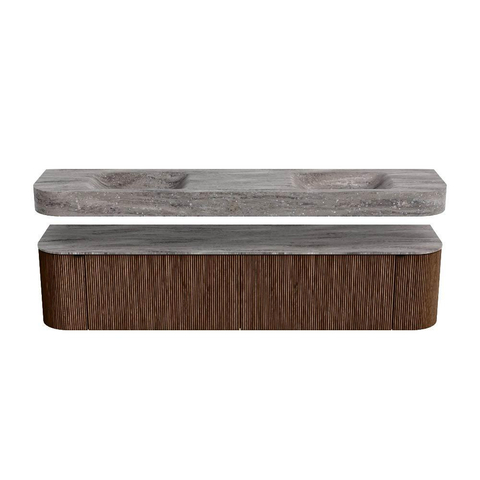 MONDIAZ THOR-DLUX 200cm meuble de salle de bains arrondi gauche + droite couleur Walnut avec 2 tiroirs et 2 portes. Vasque suspendue CLOUD Double 2 trous de robinet couleur Oza. SW1467191