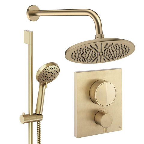 Crosswater MPRO Regendoucheset inbouw - 2 hendels - 30cm douchekop - handdouche - glijstang - wandarm - geborsteld messing (goud) SW1472705