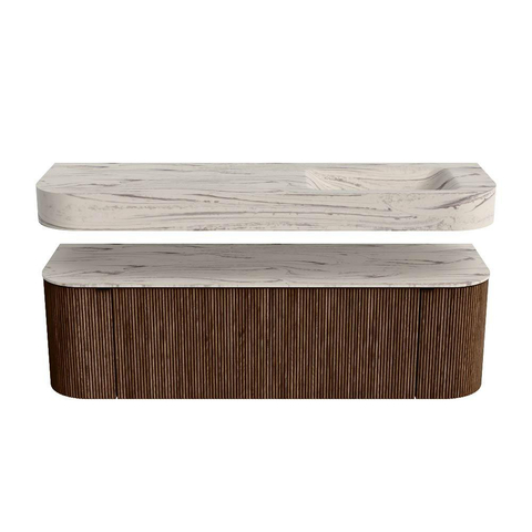MONDIAZ THOR-DLUX 150cm badmeubel ronding links + rechts kleur Walnut met 1 lade en 2 deuren. Vrijhangende wastafel CLOUD Rechts 1 kraangat kleur Nata. SW1464801