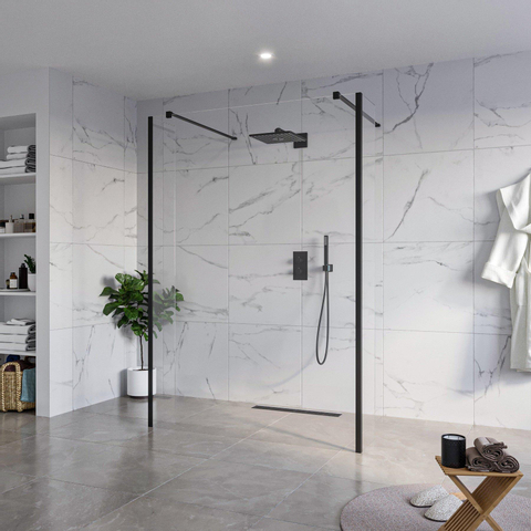Fortifura Galeria Vrijstaande Inloopdouche - 140x200cm - helder - antikalk - 8mm veiligheidsglas - 2 zijwanden - 30cm - wandsteunen en hoekprofielen - mat zwart SW992949