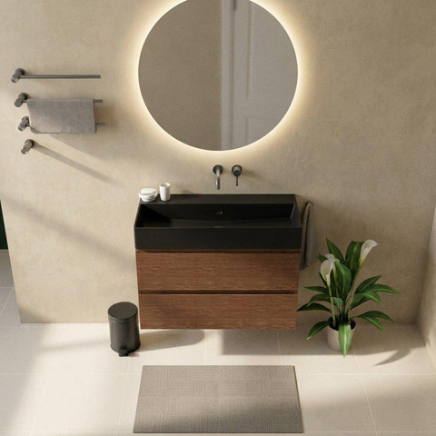 Saniclass Holz Pure Badkamermeubelset - 100x45x72cm - Legend keramische wastafel mat zwart - 1 wasbak - zonder kraangat - 2 lades - mat walnut pure (hout) SW1580177