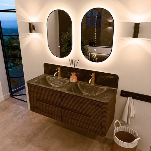 Mondiaz CIRO-DLUX Badkamermeubelset - 130x45x50cm - Solid surface wastafel Lava - 2 wasbak Dubbel - 2 kraangaten - 4 lades - Dusk SW1533037