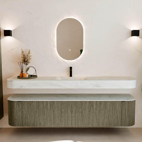 MONDIAZ THOR-DLUX 200cm meuble de salle de bains arrondi gauche + droite couleur Shadow avec 2 tiroirs et 2 portes. Vasque suspendue CLOUD Milieu 1 trou de robinet couleur Opalo. SW1467047