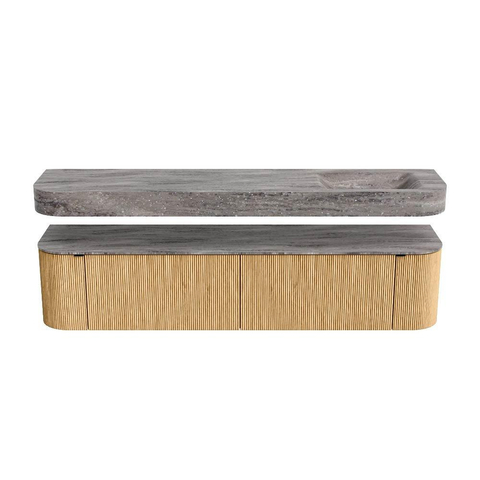 MONDIAZ THOR-DLUX 200cm badmeubel ronding links + rechts kleur Oak met 2 lades en 2 deuren. Vrijhangende wastafel CLOUD Rechts 1 kraangat kleur Oza. SW1467180