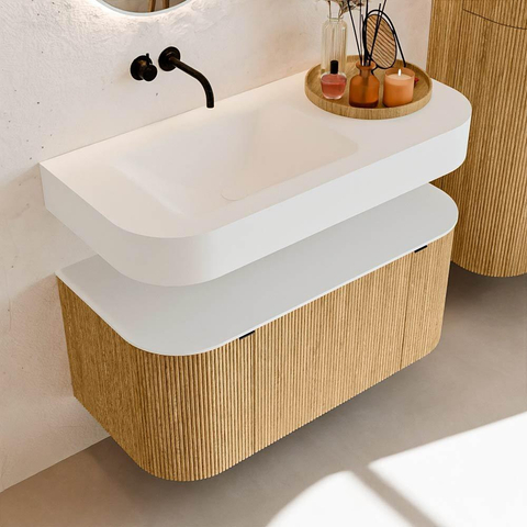 MONDIAZ THOR 100cm meuble de salle de bains arrondi gauche + droite couleur Oak avec 1 tiroir et 2 portes. Vasque suspendue CLOUD Gauche sans trou de robinet couleur Talc. SW1467340