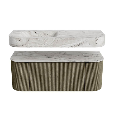 MONDIAZ THOR-DLUX 120cm meuble de salle de bains arrondi gauche + droite couleur Shadow avec 1 tiroir et 2 portes. Vasque suspendue CLOUD Gauche 1 trou de robinet couleur Glace. SW1463166