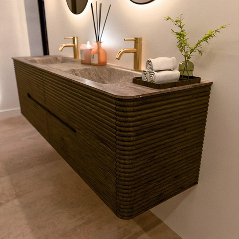 Mondiaz CIRO-DLUX Badkamermeubelset - 170x45x50cm - Solid surface wastafel Oza - 2 wasbak Dubbel - 2 kraangaten - 4 lades - Shadow SW1532659