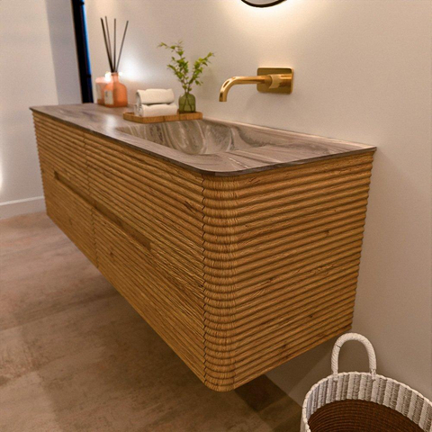 Mondiaz CIRO-DLUX Badkamermeubelset - 150x45x50cm - Solid surface wastafel Sombra - 1 wasbak Rechts - zonder kraangaten - 4 lades - Oak SW1531258