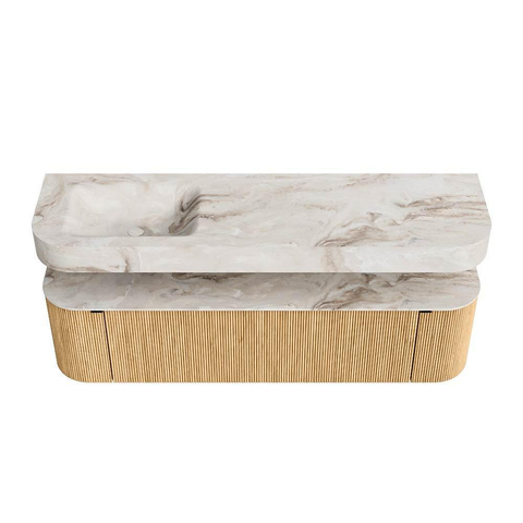 MONDIAZ THOR-DLUX 170cm badmeubel ronding links + rechts kleur Oak met 1 lade en 2 deuren. Vrijhangende wastafel CLOUD Links 1 kraangat kleur Frappe. SW1465422