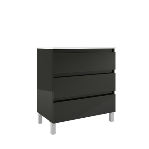 Saniclass Chaci PLUS Meuble de salle de bain - 80x86x46cm - lavabo en céramique blanc - 1 vasque - 1 trou de robinet - 3 tiroirs - miroir rectangulaire - noir mat SW926050