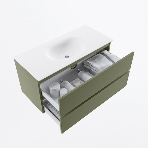 Mondiaz VICA Ensemble meuble de salle de bains - 100cm - army - 2 tiroirs - Lavabo MOON - milieu - sans trou de robinet - couleur talc - Version XL 60cm de hauteur SW1189288