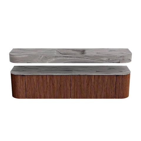 MONDIAZ THOR-DLUX Meuble de salle de bains 190cm arrondi gauche + droite couleur Ruby avec 2 tiroirs et 2 portes. Vasque suspendue CLOUD Milieu 1 trou de robinet couleur Sombra. SW1466709