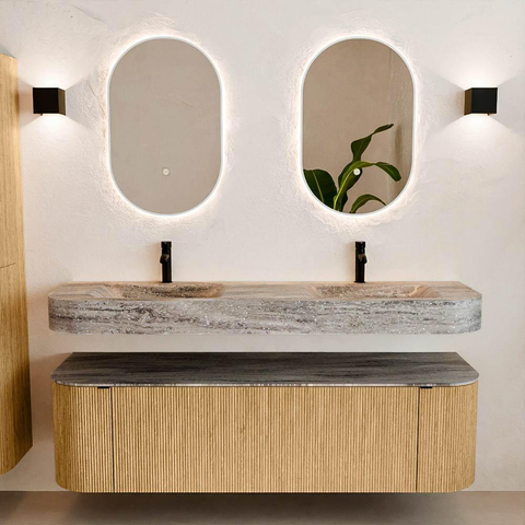 MONDIAZ THOR-DLUX 160cm meuble de salle de bains arrondi gauche + droite couleur Oak avec 1 tiroir et 2 portes. Vasque suspendue CLOUD Double 2 trous de robinet couleur Oza. SW1465282