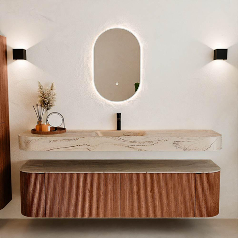 MONDIAZ THOR-DLUX 180cm meuble de salle de bains arrondi gauche + droite couleur Ruby avec 2 tiroirs et 2 portes. Vasque suspendue CLOUD Milieu 1 trou de robinet couleur Arena. SW1466133