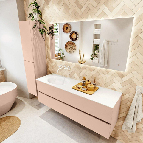 Mondiaz VICA ensemble de meuble de salle de bain - 150cm - meuble sous vasque rosee - 2 tiroirs - lavabo moon gauche - sans trous de robinet - version haute de 60cm - talc SW1080382