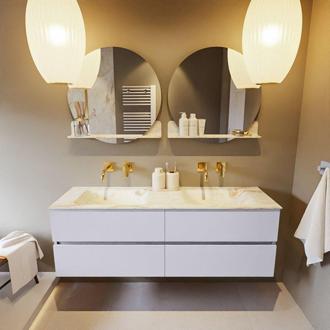 Mondiaz VICA-DLUX Ensemble meuble de salle de bains - 150cm - plan - 4 tiroirs - Lavabo encastré CLOUD - double sans trou de robinet - couleur Frappe - version XL 60cm de hauteur SW1189186