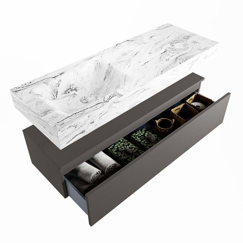 Mondiaz ALAN-DLUX Ensemble de meuble - 130cm - meuble Dark grey mat - 1 tiroir - Lavabo Cloud Glace suspendu - vasque Gauche - 0 trous de robinet SW805422