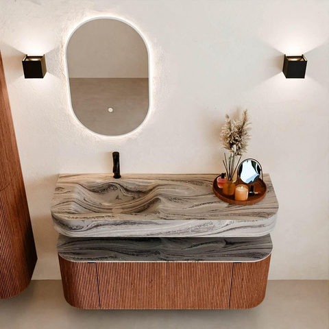 MONDIAZ THOR-DLUX 130cm meuble de salle de bains arrondi gauche + droite couleur Ruby avec 1 tiroir et 2 portes. Vasque suspendue CLOUD gauche 1 trou de robinet couleur Sombra. SW1467661