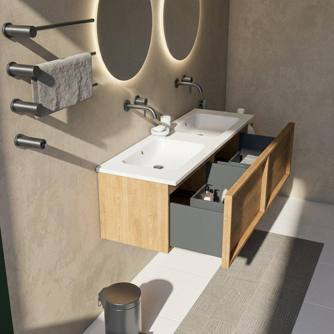 Saniclass Holz Frame Ensemble meuble de salle de bains - 140x45x57.5cm - lavabo Torino en solid surface blanc - sans trou de robinet - 2 tiroirs - chêne natural mat (bois) SW1478679