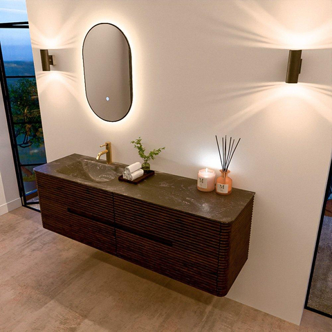 Mondiaz CIRO-DLUX Badkamermeubelset - 160x45x50cm - Solid surface wastafel Lava - 1 wasbak Links - 1 kraangat - 4 lades - Walnut SW1530147