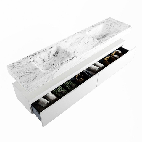 Mondiaz ALAN-DLUX Ensemble de meuble - 200cm - meuble Talc mat - 2 tiroirs - Lavabo Cloud Glace suspendu - vasque Gauche et droite - 2 trous de robinet SW804866