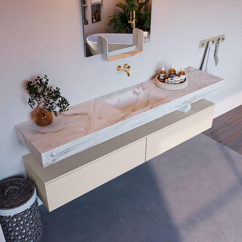 Mondiaz ALAN-DLUX Ensemble de meuble - 200cm - meuble Linen mat - 2 tiroirs - Lavabo Cloud Frappe suspendu - vasque Centre - 0 trous de robinet SW805025