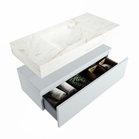 Mondiaz ALAN-DLUX Ensemble de meuble - 100cm - meuble Clay mat - 1 tiroir - Lavabo Cloud Frappe suspendu - vasque Centre - 0 trous de robinet SW805320