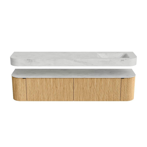 MONDIAZ THOR-DLUX 200cm badmeubel ronding links + rechts kleur Oak met 2 lades en 2 deuren. Vrijhangende wastafel CLOUD Rechts 1 kraangat kleur Opalo. SW1466954