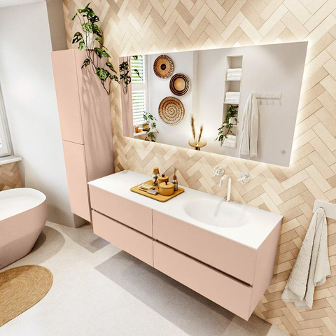 MONDIAZ VICA Ensemble meuble de salle de bains - 150cm - meuble sous-vasque rosee - 4 tiroirs - lavabo moon à droite - 1 trou de robinet - version haute 60cm - talc SW1080405