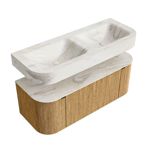 MONDIAZ THOR-DLUX 120cm meuble de salle de bains arrondi gauche + droite couleur Oak avec 1 tiroir et 2 portes. Vasque suspendue CLOUD Double sans trou de robinet couleur Ostra. SW1463078
