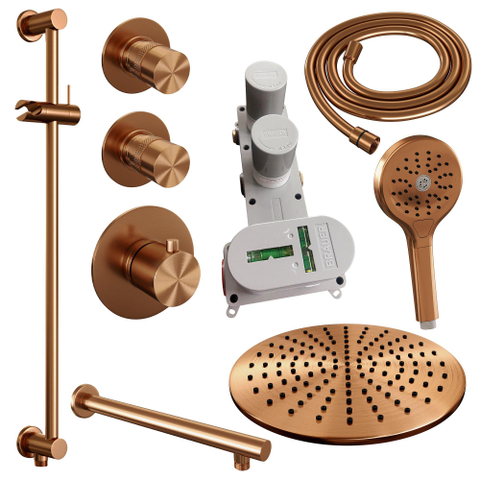 Brauer Copper Edition Ensemble de douche pluie encastré - douche principale 30cm - 3 boutons lisses - bras mural droit - glissière - douchette ronde 3 positions - PVD - cuivre brossé SW374516