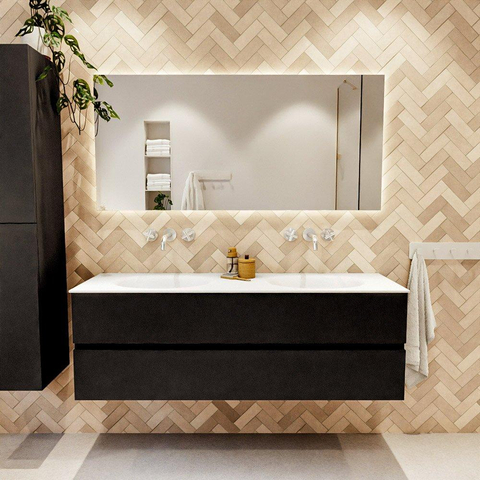 MONDIAZ VICA meuble sous lavabo 150cm Urban 2 tiroirs. Lavabo MOON double sans trou de robinet, couleur Talc. SW1381891