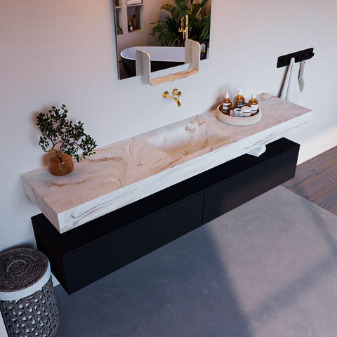 Mondiaz ALAN-DLUX Ensemble de meuble - 200cm - meuble Urban mat - 2 tiroirs - Lavabo Cloud Frappe suspendu - vasque Centre - 0 trous de robinet SW805705