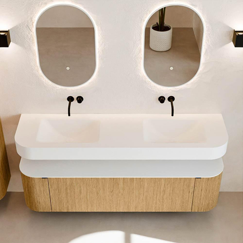 MONDIAZ THOR 170cm badmeubel ronding links + rechts kleur Oak met 1 lade en 2 deuren. Vrijhangende wastafel CLOUD Dubbel zonder kraangat kleur Talc. SW1465421