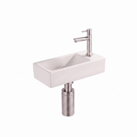 Saniclass Fuente Fontaine set - 40x22x10cm - solid surface blanc cassé - bonde - robinet de fontaine - siphon - inox SW1587194