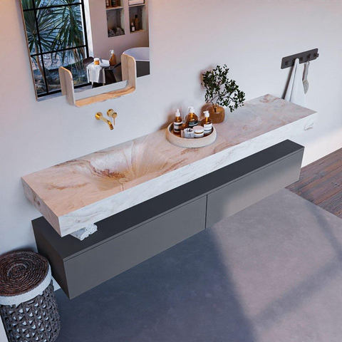 Mondiaz ALAN-DLUX Ensemble de meuble - 200cm - meuble Plata mat - 2 tiroirs - Lavabo Cloud Frappe suspendu - vasque Gauche - 0 trous de robinet SW805239