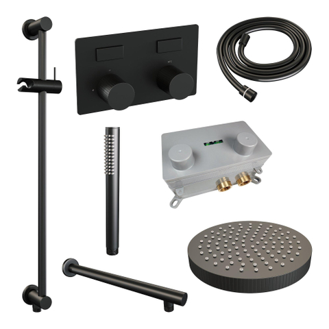 BRAUER Stripe Thermostatische Inbouw Regendouche - drukknoppen - SET 31 - 25cm douchekop - rechte muurarm - staaf handdouche - doucheslang - geïntegreerde glijstang - mat zwart SW1435159