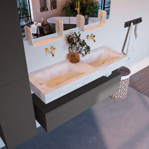 Mondiaz ALAN-DLUX Ensemble de meuble - 130cm - meuble Dark grey mat - 1 tiroir - Lavabo Cloud Opalo suspendu - vasque Gauche et droite - 0 trous de robinet SW806544