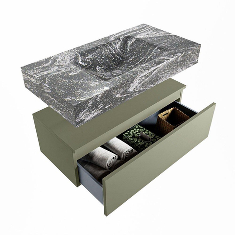 Mondiaz ALAN-DLUX Ensemble de meuble - 90cm - meuble Army mat - 1 tiroir - Lavabo Cloud Lava suspendu - vasque Centre - 1 trou de robinet SW808161