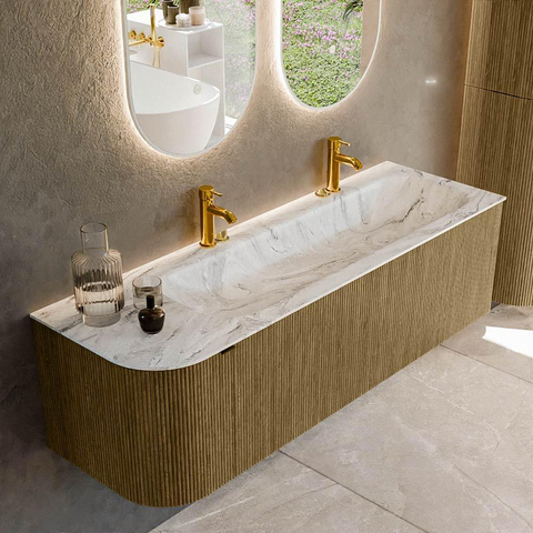 Mondiaz KURVE-DLUX Ensemble de meubles de salle de bains - 145x46x40cm - 1 tiroir - 1 porte - lavabo solid surface - droite - 2 trous de robinet - Dusk SW1415504