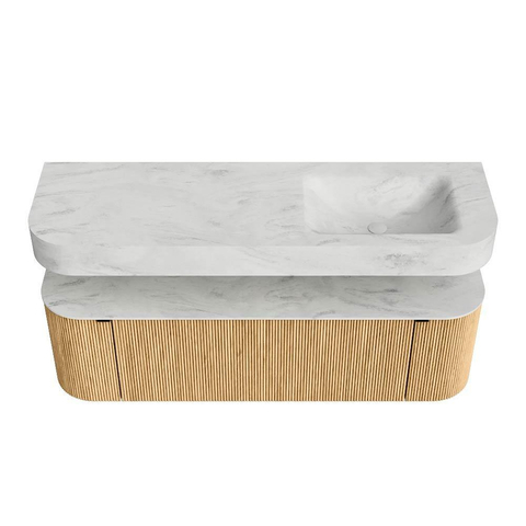 MONDIAZ THOR-DLUX 150cm meuble de salle de bains arrondi gauche + droite couleur Oak avec 1 tiroir et 2 portes. Vasque suspendue CLOUD Droite 1 trou de robinet couleur Opalo. SW1464670