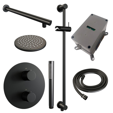 BRAUER Black Carving thermostatische Inbouw Regendouche - 3-weg - rond - set 85 - 20cm hoofddouche - rechte muurarm - staaf handdouche - doucheslang - geïntegreerde glijstang - mat zwart SW1159254