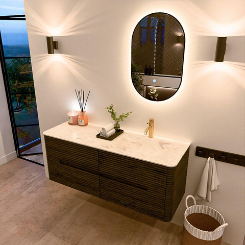 Mondiaz CIRO-DLUX Badkamermeubelset - 130x45x50cm - Solid surface wastafel Ostra - 1 wasbak Rechts - 1 kraangat - 4 lades - Shadow SW1532464